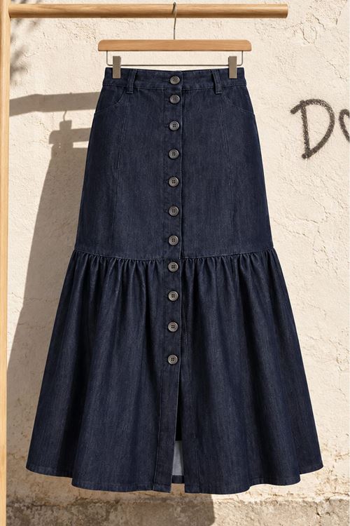 Kadın Lacivert Önden Düğmeli Volanlı Uzun Denim Etek DKHF055