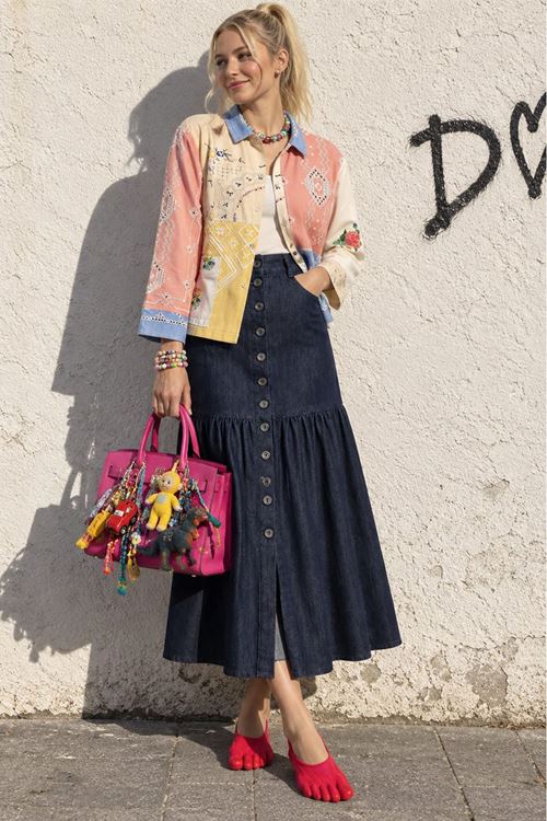 Kadın Lacivert Önden Düğmeli Volanlı Uzun Denim Etek DKHF055
