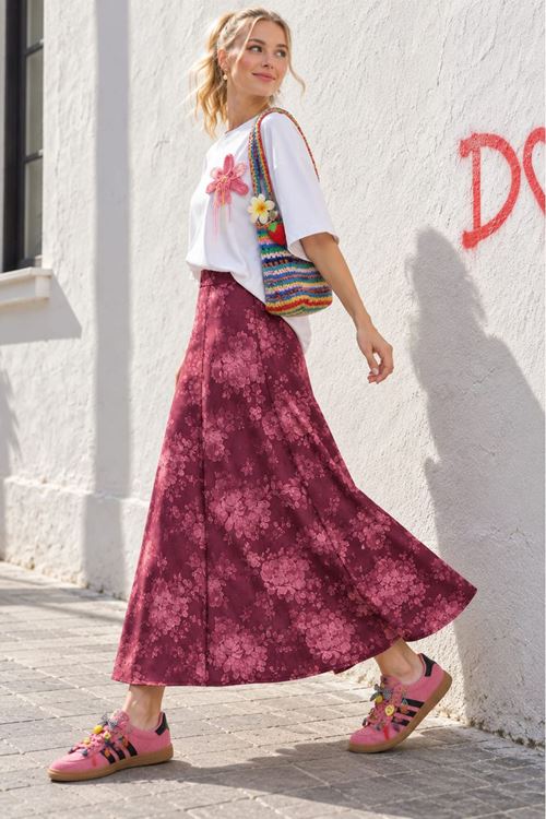 Kadın Pembe Yüksek Bel Çiçek Desenli Uzun A Kesim Etek TG037