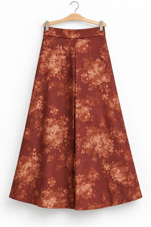 Kadın Kahverengi Yüksek Bel Çiçek Desenli Uzun A Kesim Etek TG037