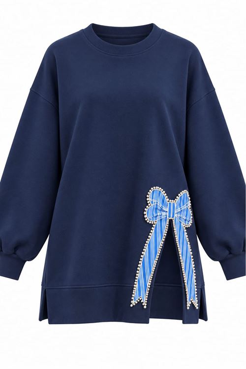 Kadın lacivert oversize fiyonk detaylı sweat tunik TG013
