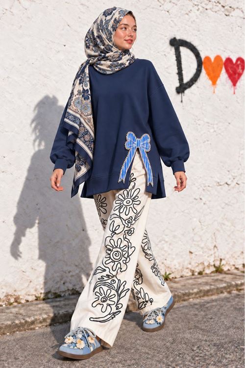 Kadın lacivert oversize fiyonk detaylı sweat tunik TG013