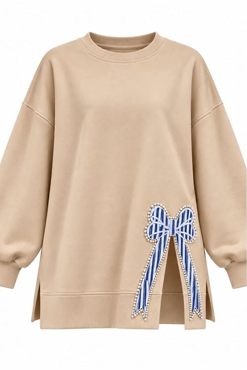 Kadın bej oversize fiyonk detaylı sweat tunik TG013