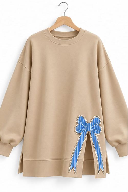 Kadın bej oversize fiyonk detaylı sweat tunik TG013