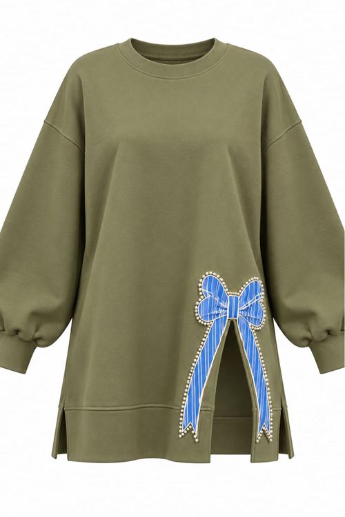 Kadın yeşil oversize fiyonk detaylı sweat tunik TG013