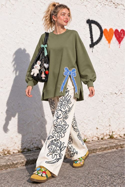 Kadın yeşil oversize fiyonk detaylı sweat tunik TG013