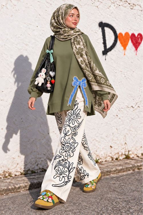 Kadın yeşil oversize fiyonk detaylı sweat tunik TG013