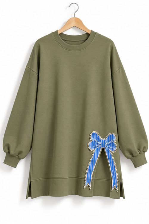 Kadın yeşil oversize fiyonk detaylı sweat tunik TG013
