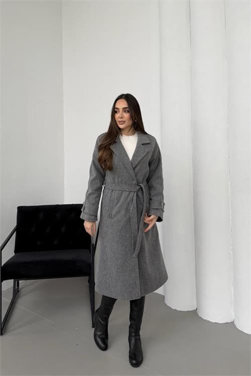 kadın antrasit kuşaklı reglan kol düğmeli premium kaşe kaban NBKBN01