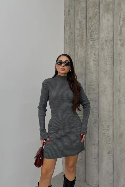 kadın antrasit fitilli mini triko elbise NBDM1208