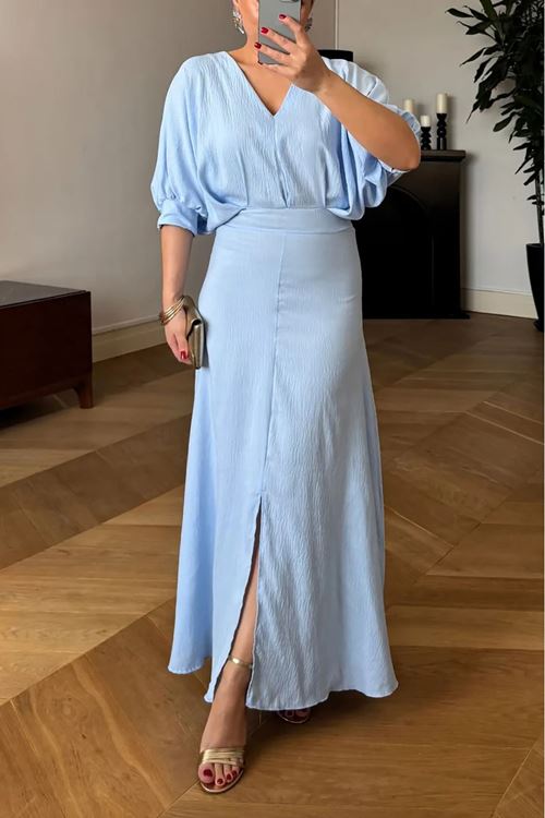 bebe mavi V-yaka likralı yazlık elbise NBMY3579