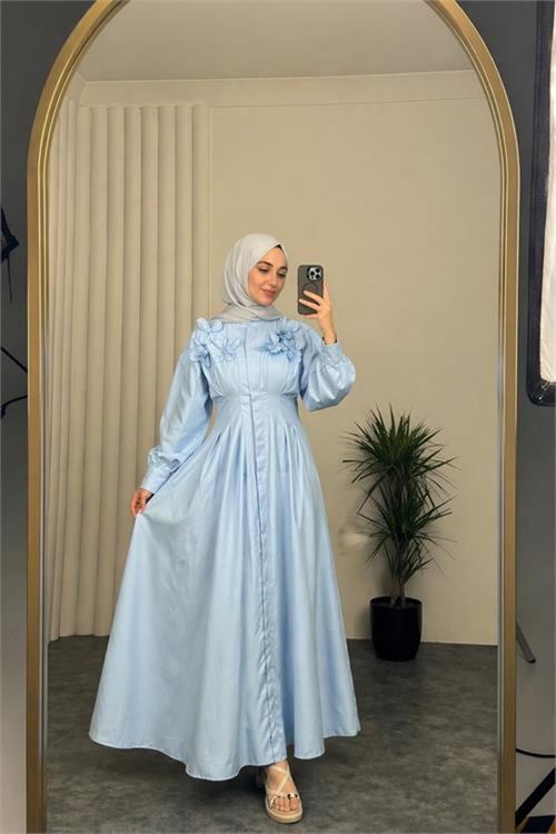 kadın bebe mavi belden oturtmalı çiçek detaylı premium tesettür elbise NBVQ4933