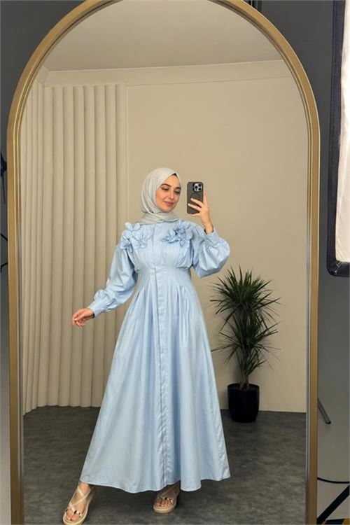 kadın bebe mavi belden oturtmalı çiçek detaylı premium tesettür elbise NBVQ4933