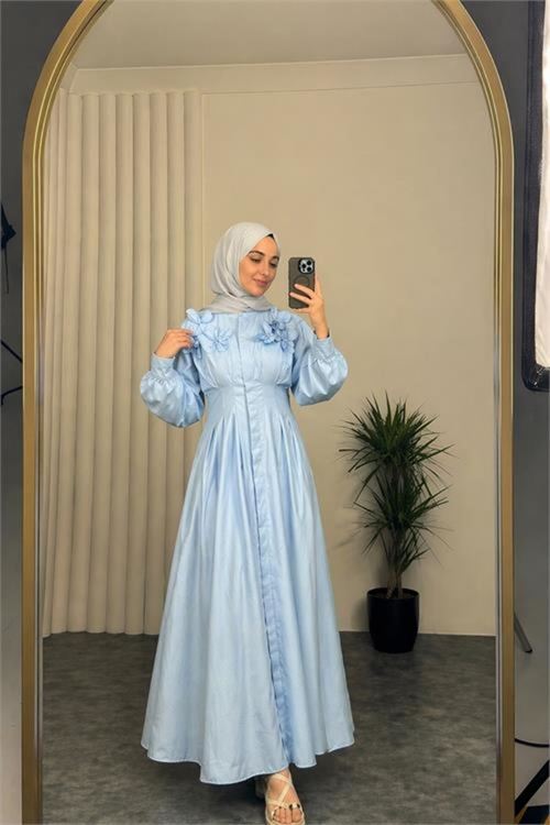 kadın bebe mavi belden oturtmalı çiçek detaylı premium tesettür elbise NBVQ4933