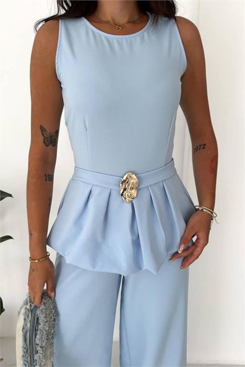 kaldın bebe mavi kolsuz gold toka detaylı peplum kesim preium tulum NBK4637