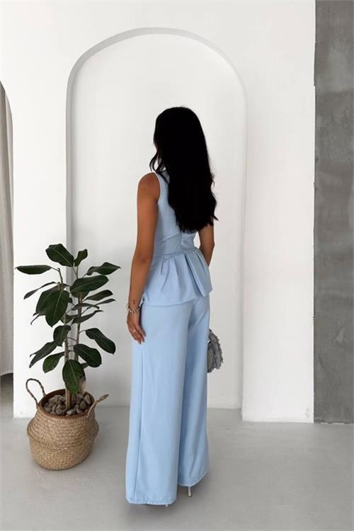 kaldın bebe mavi kolsuz gold toka detaylı peplum kesim preium tulum NBK4637