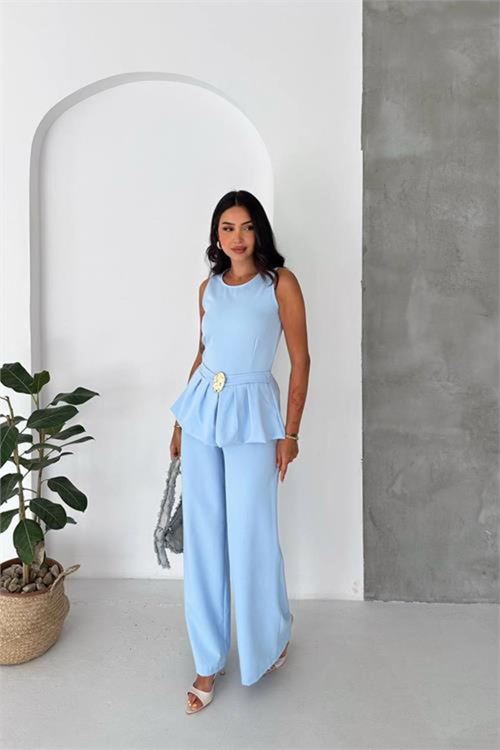 kaldın bebe mavi kolsuz gold toka detaylı peplum kesim preium tulum NBK4637