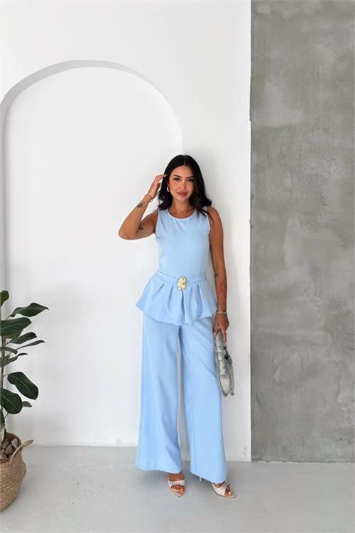 kaldın bebe mavi kolsuz gold toka detaylı peplum kesim preium tulum NBK4637