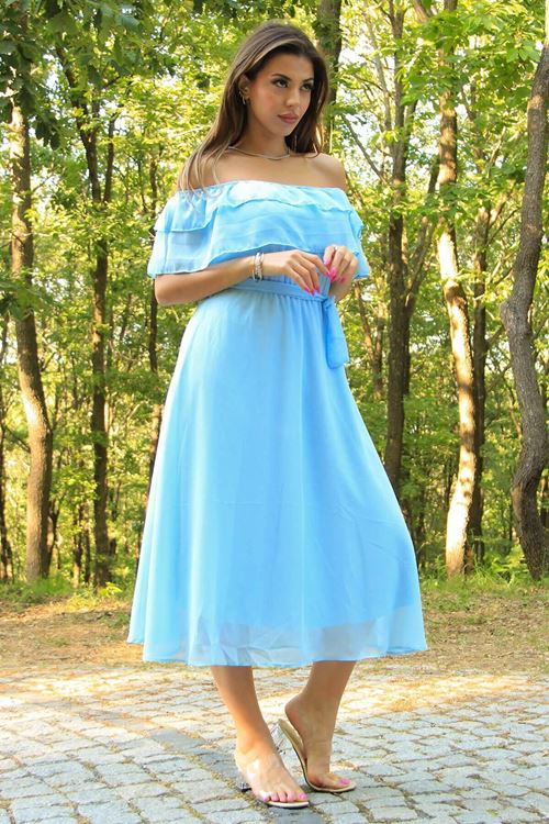 Kadın Bebe Mavisi Kuşaklı Madonna Yaka Baby Shower Elbise Nb8060