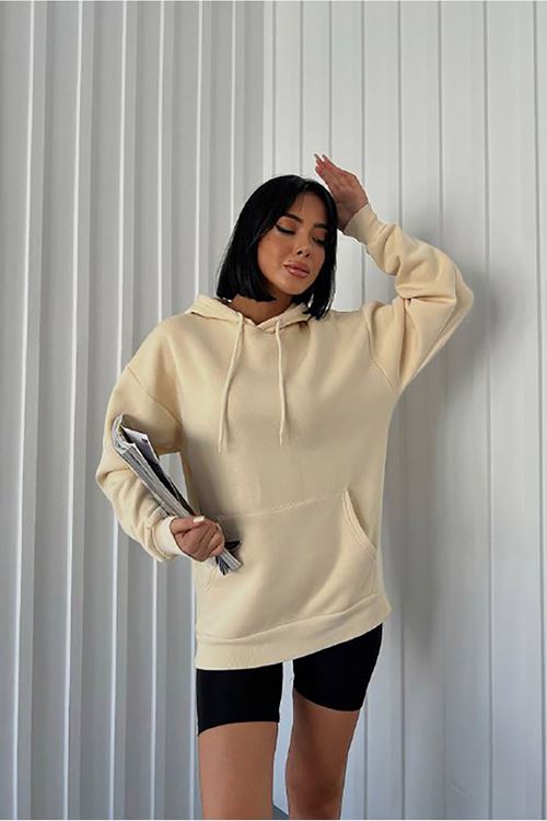 kadın bej kapüşonlu kanguru cepli üç iplik sweatshirt FVR002