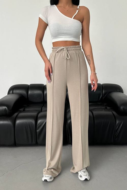 kadın bej modal kumaş bol paça pantolon NBG003