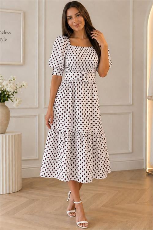 kadın beyaz puantiye desen kare ya balon kol midi elbise --- NBK083