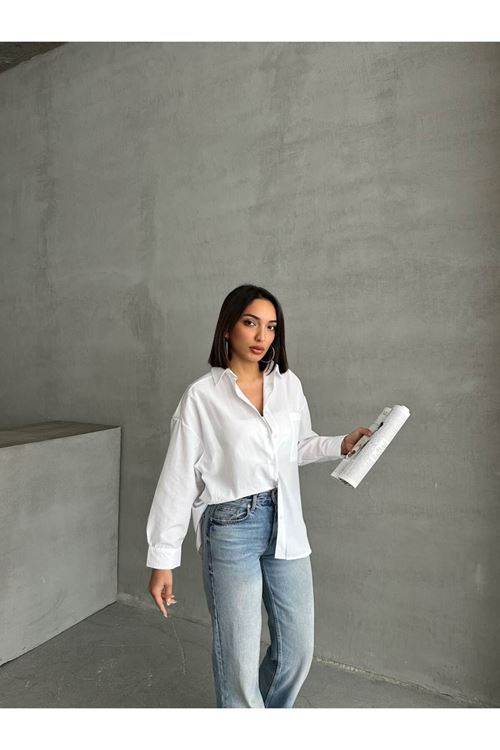 kadın oversize cep detaylı poplin gömlek NBG072