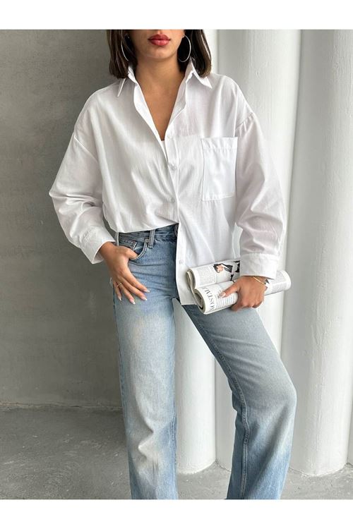 kadın oversize cep detaylı poplin gömlek NBG072