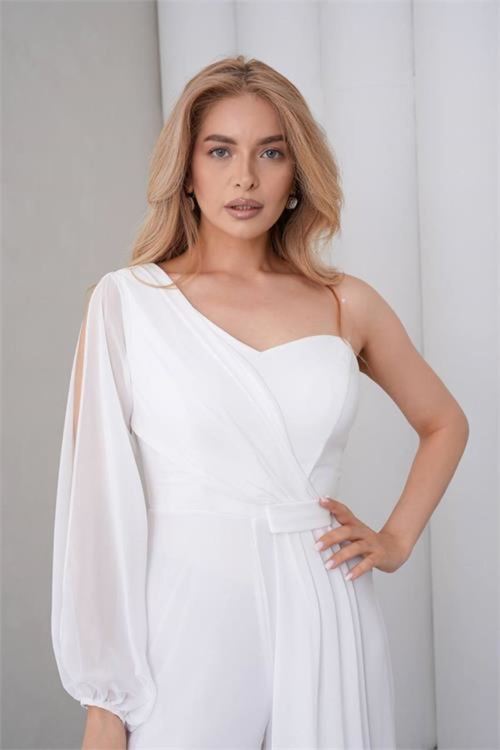 kadın beyaz tek kol astarlı tül kumaş tasarım abiye tulum NBS9389