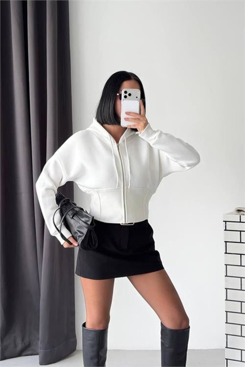 kadın beyaz 3 iplik şardonlu kapüşonlu fermuarlı crop sweatshirt NBG6224