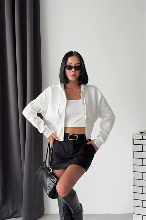 kadın beyaz 3 iplik şardonlu kapüşonlu fermuarlı crop sweatshirt NBG6224