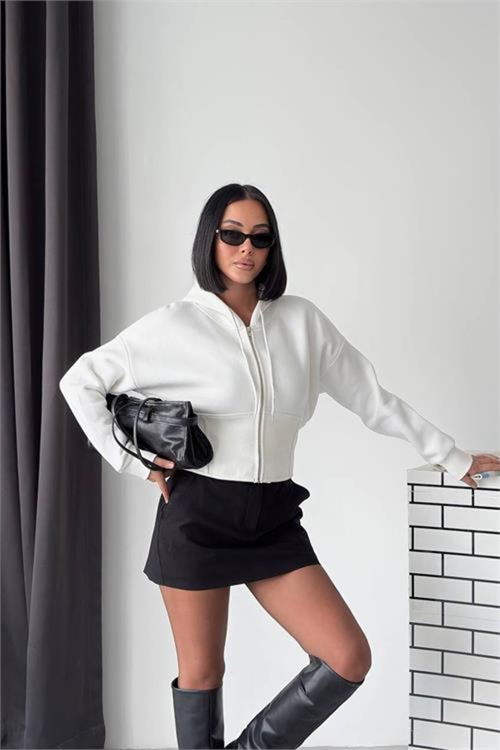 kadın beyaz 3 iplik şardonlu kapüşonlu fermuarlı crop sweatshirt NBG6224