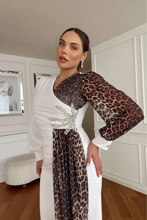 kadın leopar detaylı yırtmaçlı abiye elbise NBNC2509