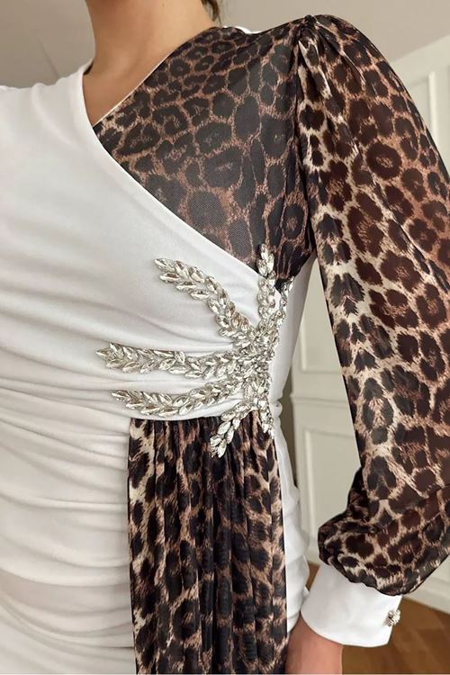 kadın leopar detaylı yırtmaçlı abiye elbise NBNC2509