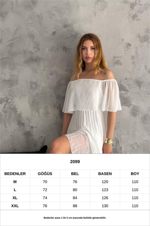 kadın madonna yaka piliseli şifon elbise NBK2099