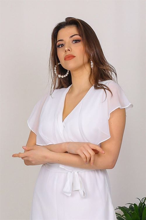 Kadın Kruvaze Yaka Bağlama Detaylı Yeni Sezon Uzun Şifon Elbise Kts001