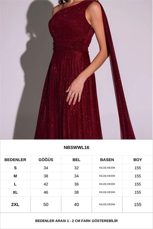 kadın bordo tek omuz pilise detaylı simli tül kumaş abiye elbise NBSWLL16