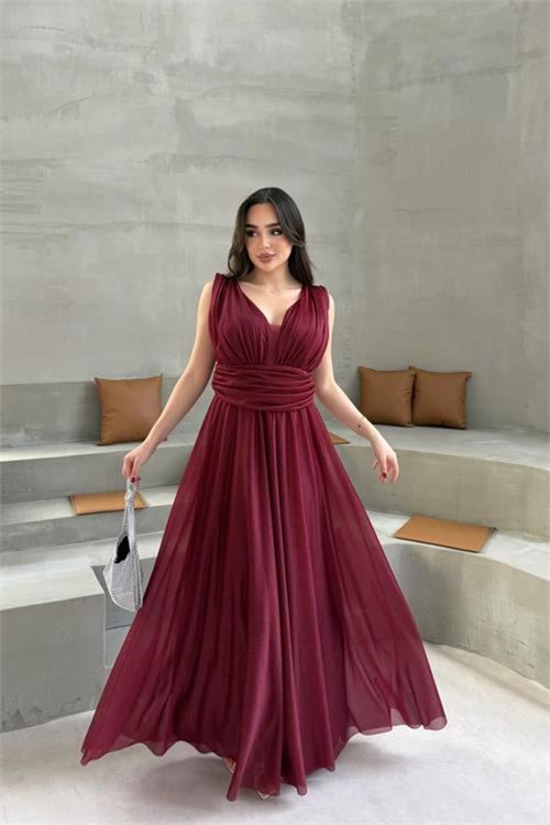 kadın bordo v yaka simli tül abiye elbise NBS9223