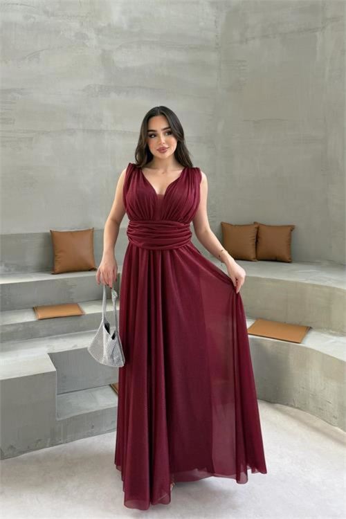 kadın bordo v yaka simli tül abiye elbise NBS9223