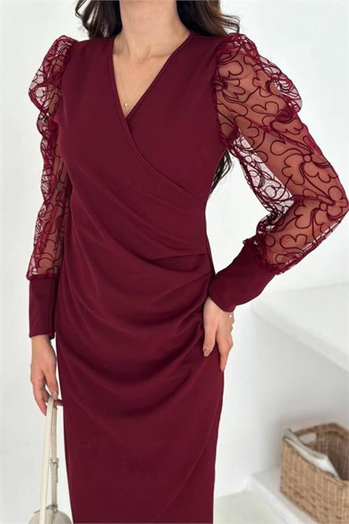 kadın bordo kol tül detaylı bel drapeli midi boy örme elbise NBK4375