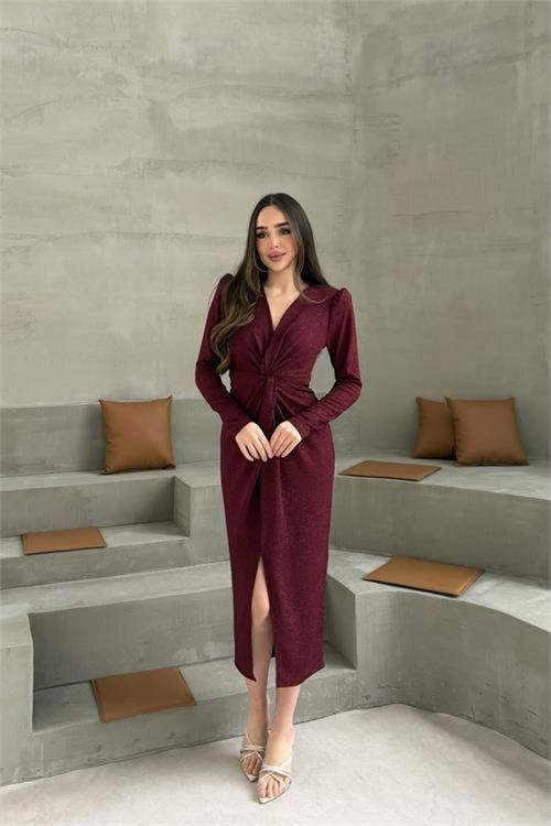 kadın bordo anvelop büzgülü simli premium midi elbise NBELB08