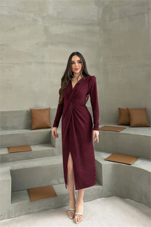kadın bordo anvelop büzgülü simli premium midi elbise NBELB08