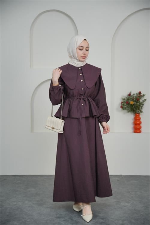 kadın bordo pelerin yaka etekli tesettür takım NBVQ3134