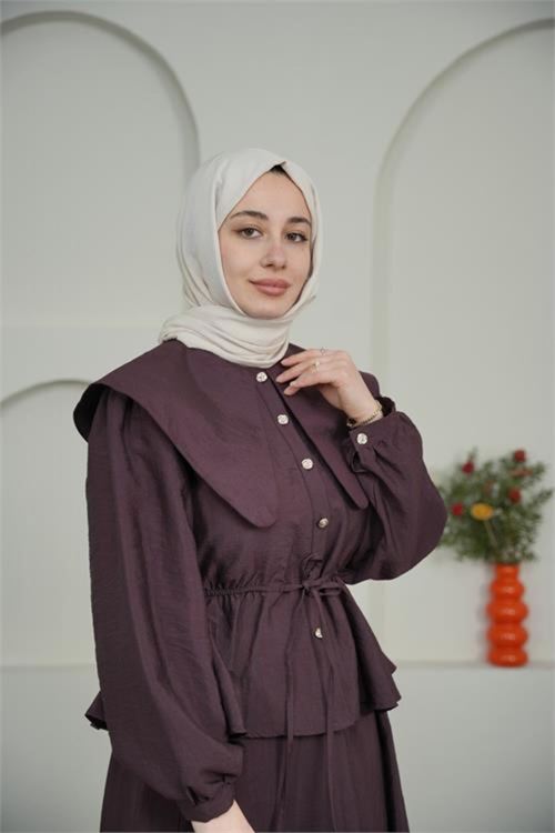kadın bordo pelerin yaka etekli tesettür takım NBVQ3134