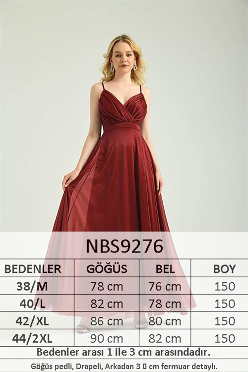 kadın bordo yeşil simli kumaş askılı uzun abiye NBS9276