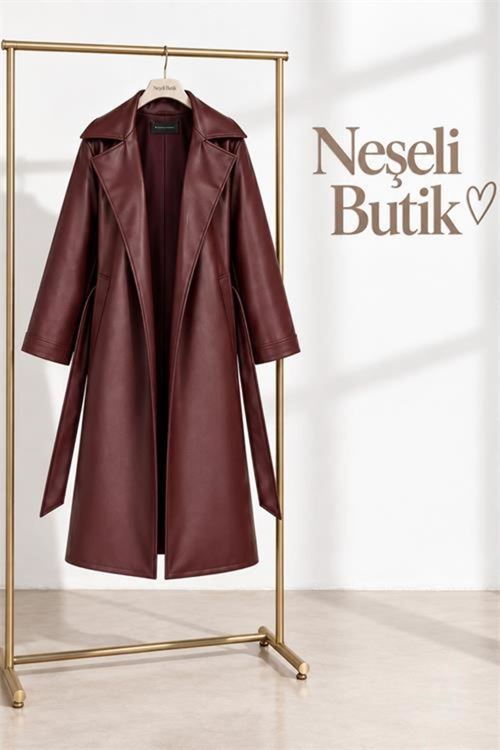 kadın bordo kol detaylı tam boy suni deri kuşaklı premium trençkot NBELV01
