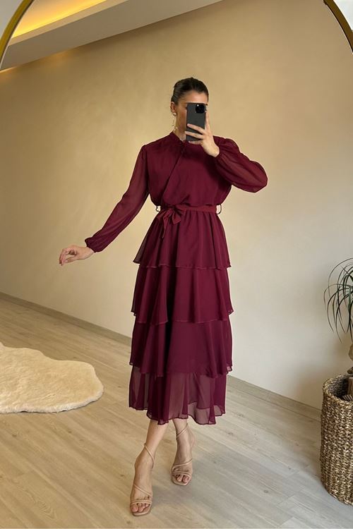 kadın kat kat volanlı kuşaklı midi şifon elbise NM004