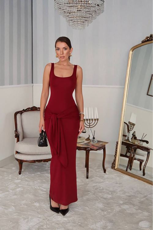 kadın bordo bağlamalı maxi boy likralı elbise NBDF075