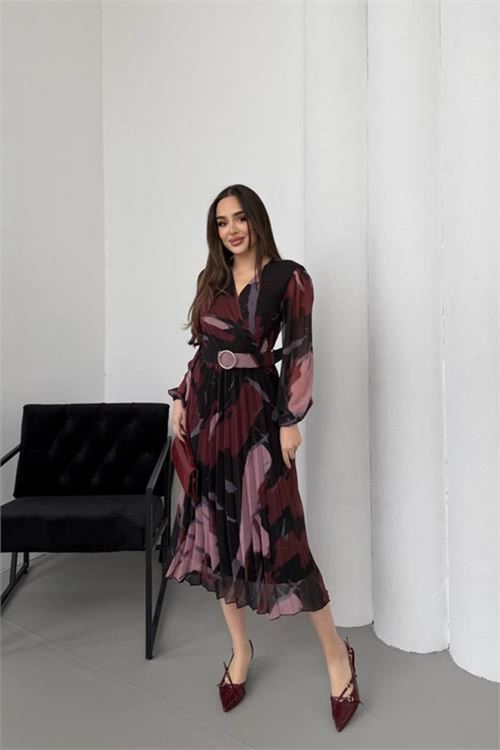 kadın bordo beli kemerli piliseli şifon astarlı midi boy elbise NBELB04