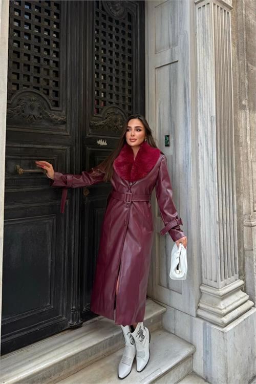kadın yaka çıkarılabilir kürk detaylı düğmeli deri trençkot NBSTR1001